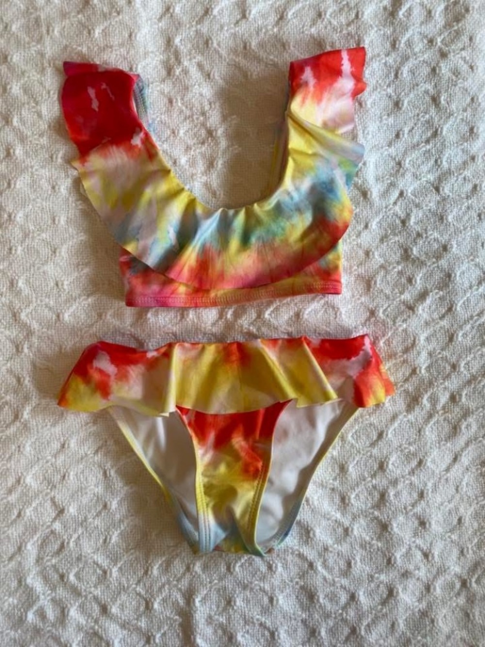 Stella Cove Tie-Dye Ruffle Two-Piece Bikini in Red, Yellow & Blue